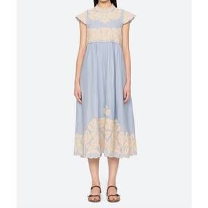 NEW SEA alexandra embroidery cap sleeve midi dress in blue